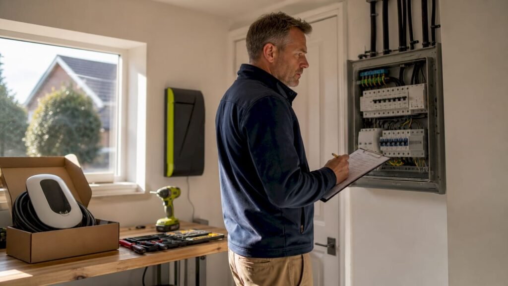 Man inspecting home electrical panel for EV charger