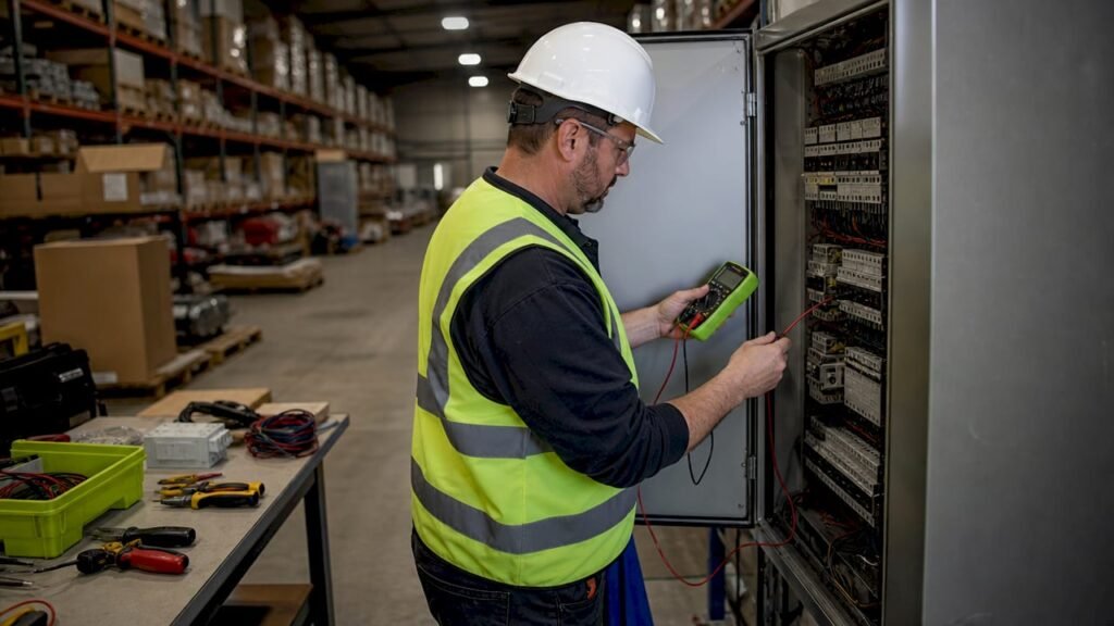 Commercial electrician inspecting circuit breaker panel