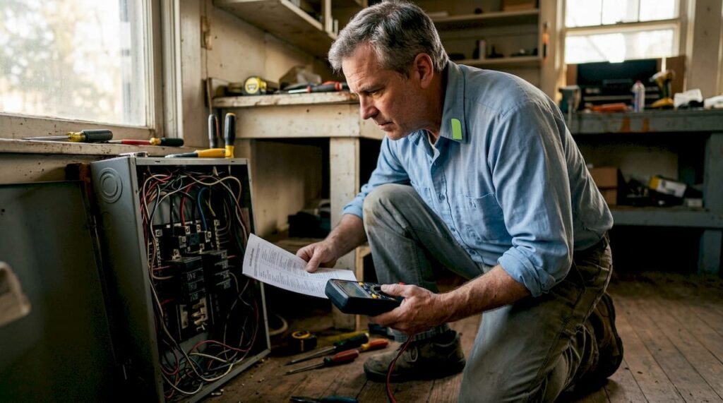 Electrician inspecting residential electrical panel