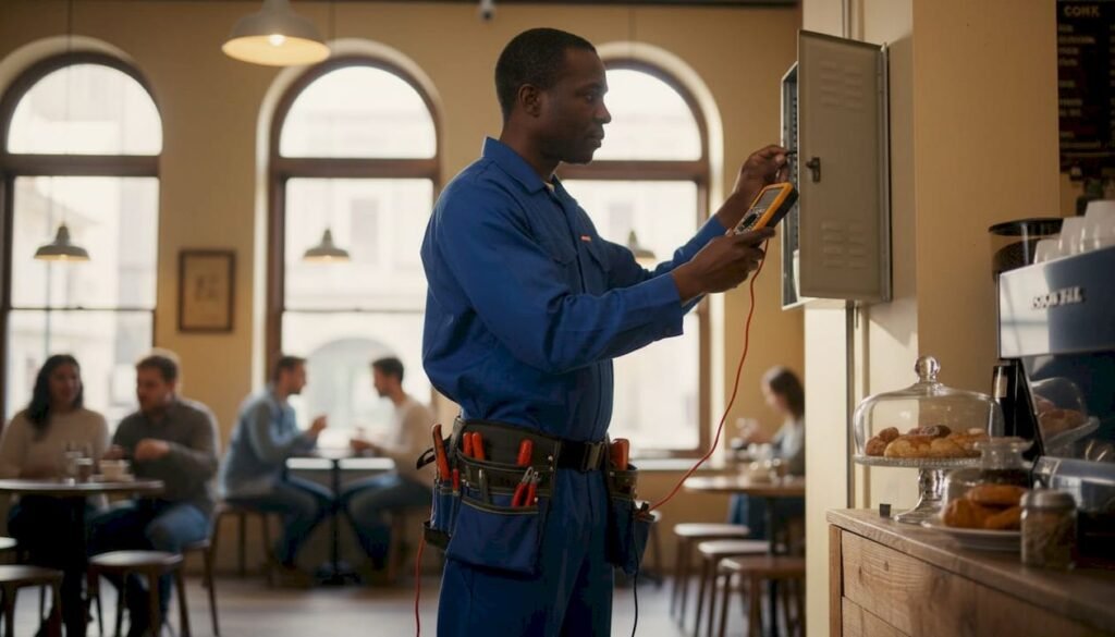 Commercial electrician inspecting office electrical panel