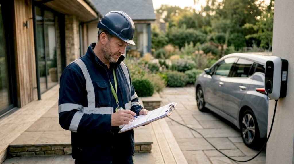 Electrician verifying EV charger permit documents outside home