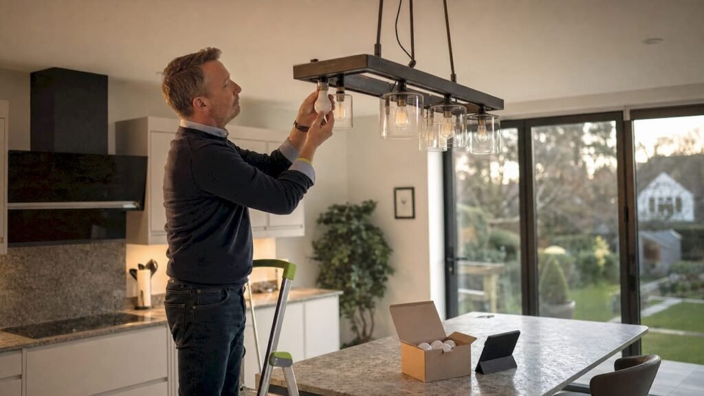 Homeowner installing smart light bulb indoors