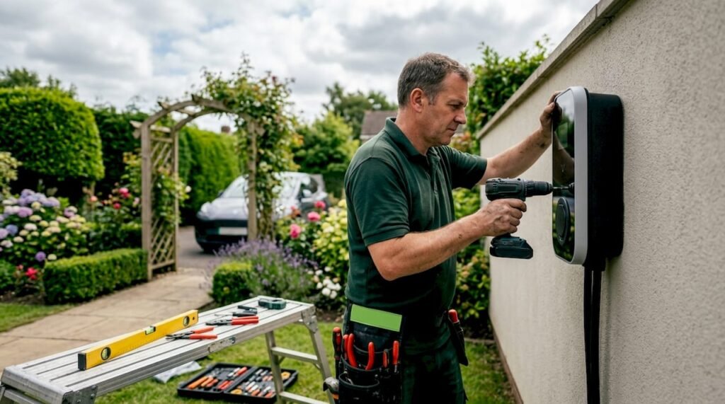 Electrician installing smart EV charger outdoors