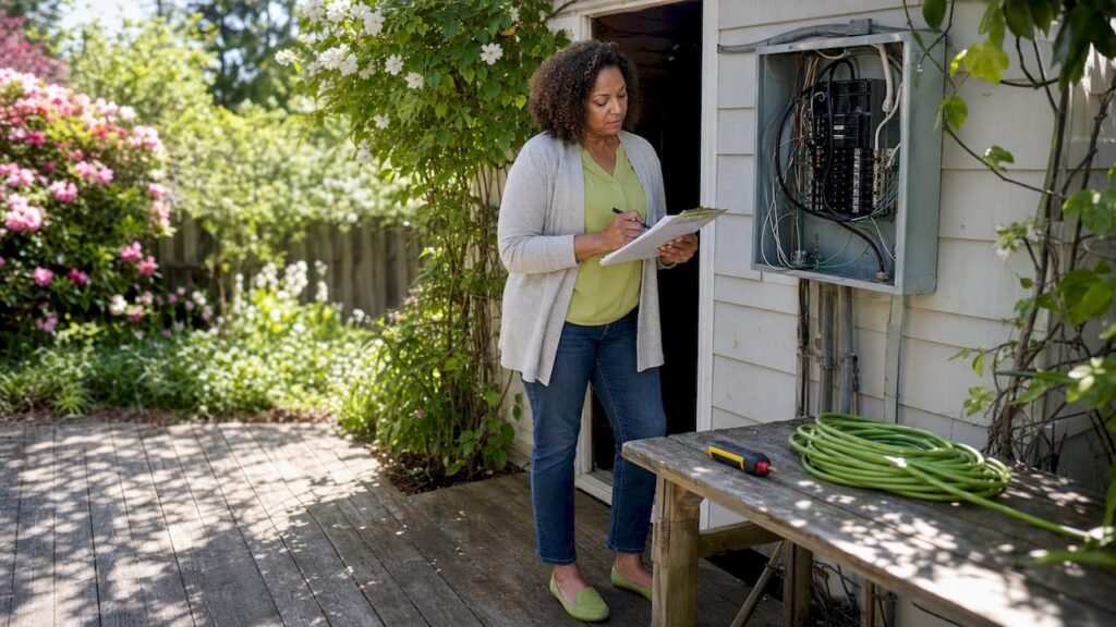 Woman inspecting home electrical panel outdoors