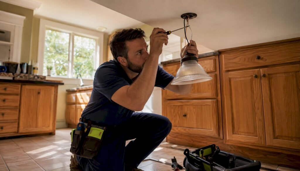 Electrician installing light fixture in home