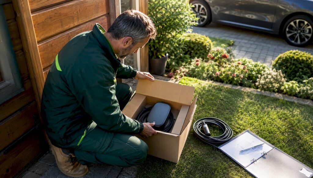 Electrician inspecting EV charger box at home exterior