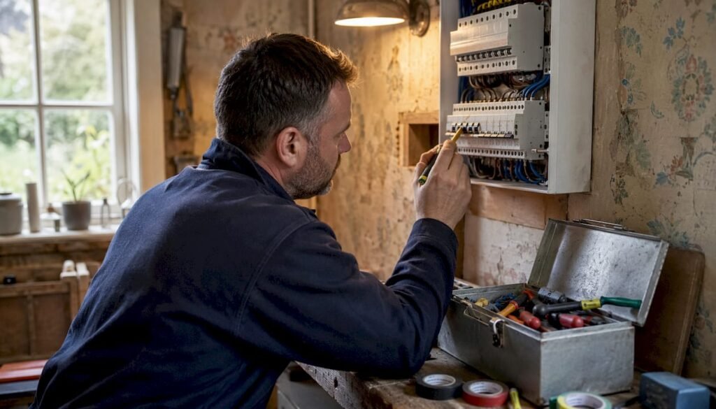 Electrician inspecting fuse box in Bristol home