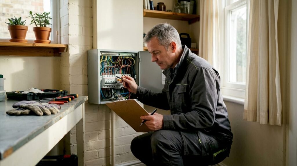 Electrician inspecting home electrical panel