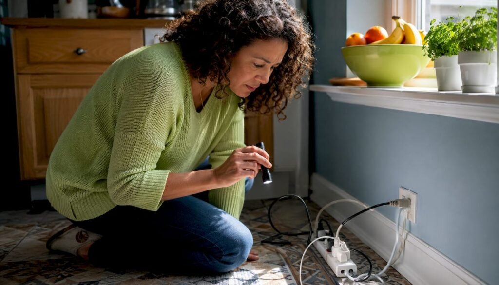 Woman inspecting extension lead in living room