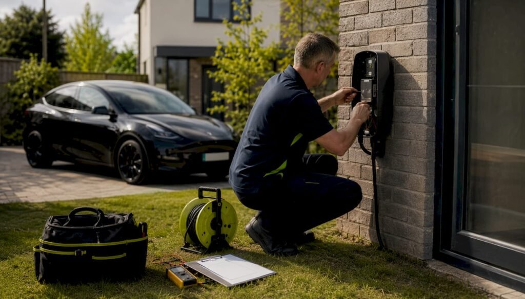 Electrician inspecting Tesla home charger outdoors