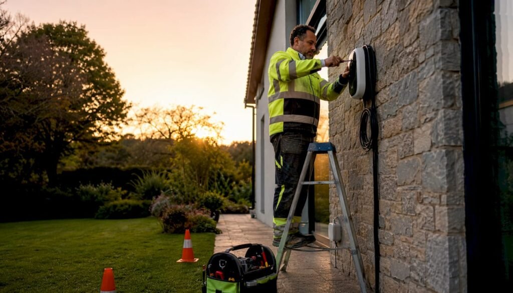 Electrician installing EV charger on UK home wall