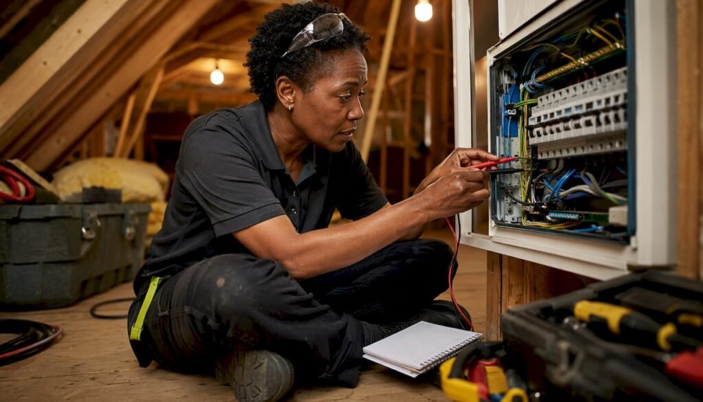 Electrician inspecting home electrical panel