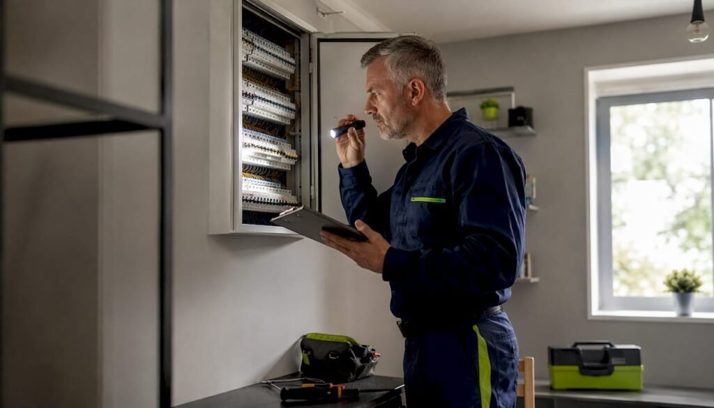 Electrician inspecting electrical panel in home