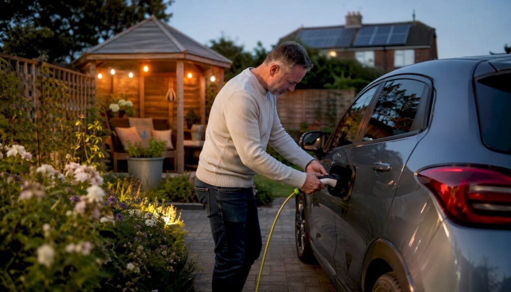 Homeowner attaching EV charger with solar panels