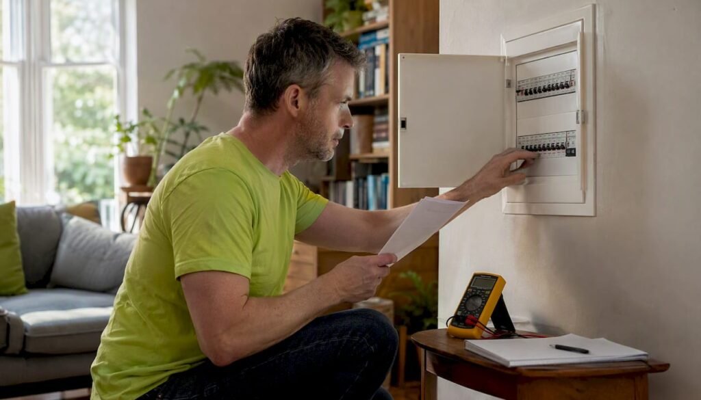 Homeowner inspecting consumer unit with estimate