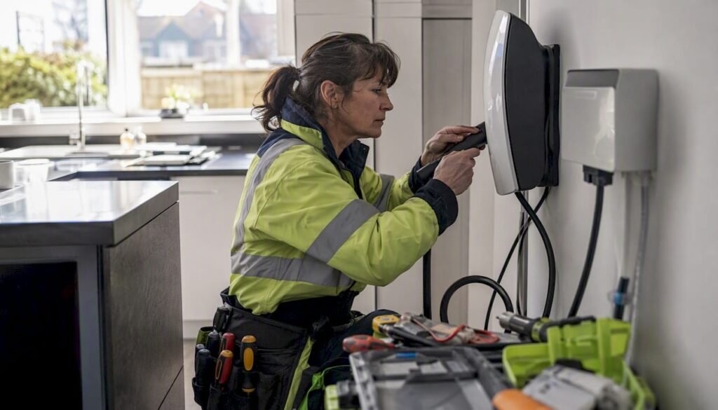 Electrician installing Tesla charger on UK house wall