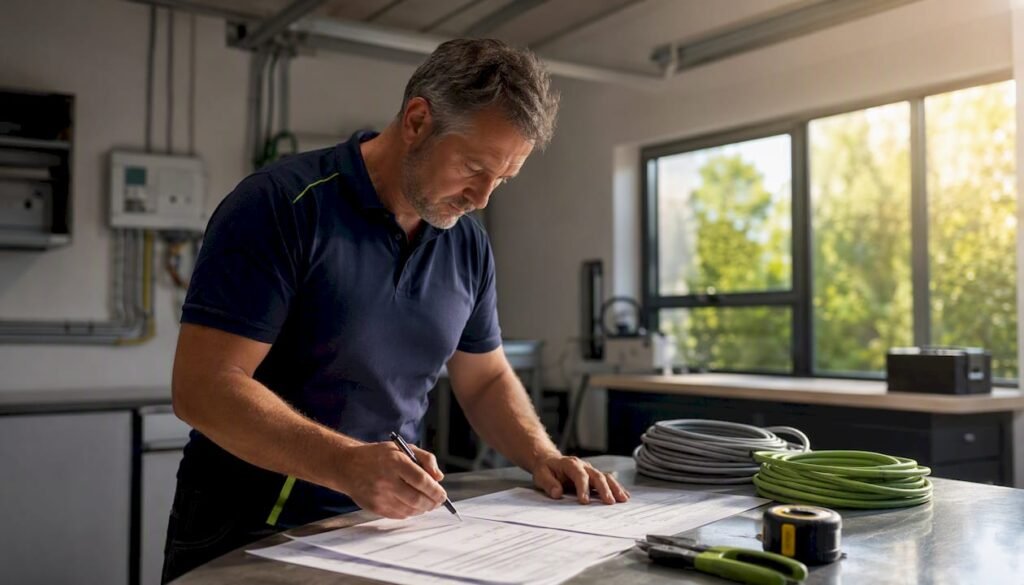 Electrician reviewing Part P electrical compliance paperwork