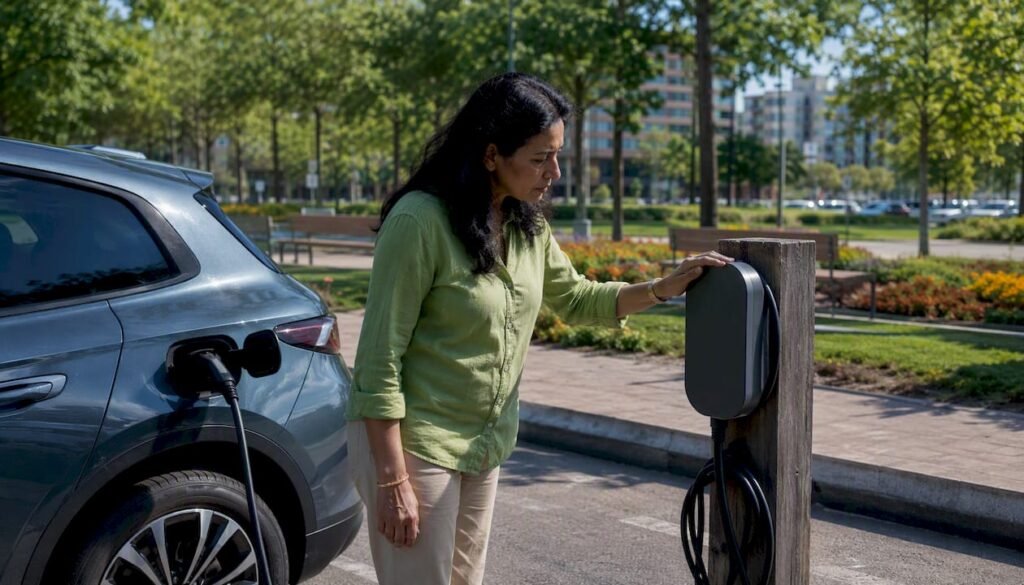 Person inspecting EV charger in flat parking bay