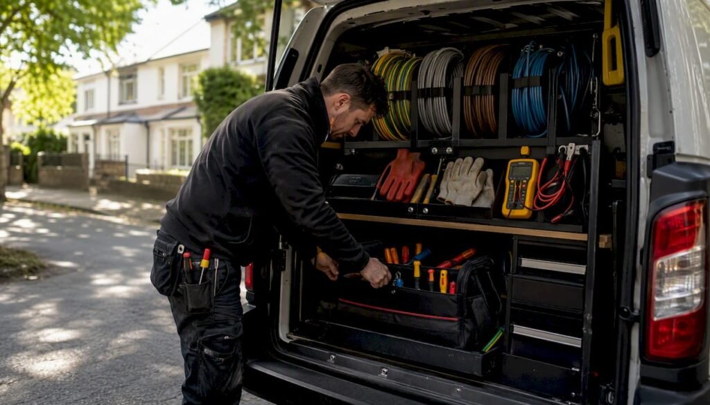 Electrician van with packed tools ready